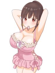 Rule 34 | 1girl, armpits, arms behind head, blush, bow, breasts, brown hair, cleavage, collarbone, dot nose, earrings, frilled one-piece swimsuit, frills, highres, idolmaster, idolmaster shiny colors, jewelry, large breasts, long hair, looking at viewer, mouth hold, one-piece swimsuit, oohashi ayaka (artist), pink one-piece swimsuit, red eyes, simple background, smile, solo, sonoda chiyoko, swimsuit, tying hair, white background