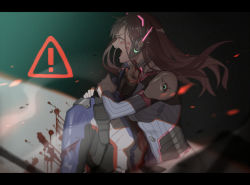 Rule 34 | !, 1boy, 1girl, a821, armor, blood, blood on clothes, blood on face, blood on wall, bodysuit, bracer, breasts, broken mask, brown eyes, brown hair, covered mouth, d.va (overwatch), dying, facepaint, facial mark, from side, gloves, headphones, hug, injury, jacket, letterboxed, long hair, long sleeves, mask, medium breasts, mouth mask, open mouth, overwatch, overwatch 1, pauldrons, pilot suit, profile, purple bodysuit, ribbed bodysuit, sad, short hair, shoulder armor, shoulder pads, sitting, skin tight, soldier: 76 (overwatch), tears, teeth, tongue, upper body, visor, whisker markings, white gloves, white hair