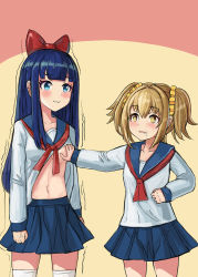 Rule 34 | + +, 10s, 2girls, :3, anger vein, angry, blonde hair, blue eyes, blue hair, blue sailor collar, blue skirt, blunt bangs, blush, bow, grabbing another&#039;s breast, breasts, closed mouth, clothes lift, drooling, false smile, grabbing, hair bow, hmax, looking at another, medium breasts, miniskirt, multiple girls, navel, neckerchief, no bra, open mouth, pipimi, pleated skirt, poptepipic, popuko, red bow, sailor collar, saliva, school uniform, serafuku, shirt lift, skirt, smile, straight hair, thighhighs, torogao, trembling, twintails, wavy mouth, white legwear, yellow eyes