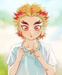Rule 34 | 1boy, aged down, blonde hair, child, forehead, forked eyebrows, highres, jewelry, kimetsu no yaiba, male focus, marotoskin, multicolored hair, necklace, open mouth, orange eyes, red hair, rengoku kyoujurou, shirt, short hair, short sleeves, solo, two-tone hair, white shirt