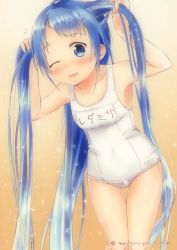 Rule 34 | 1girl, artist name, bare arms, bare shoulders, blue eyes, blue hair, blush, commentary request, cowboy shot, flat chest, gradient background, highres, holding, holding hair, kantai collection, long hair, looking at viewer, mae (maesanpicture), one-piece swimsuit, one eye closed, open mouth, samidare (kancolle), school swimsuit, simple background, solo, swept bangs, swimsuit, twintails, very long hair, white one-piece swimsuit, white school swimsuit
