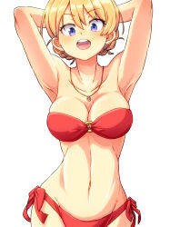 Rule 34 | 1girl, absurdres, aono3, armpits, arms behind head, arms up, bare shoulders, bikini, blonde hair, blue eyes, braid, darjeeling (girls und panzer), girls und panzer, groin, highres, jewelry, looking at viewer, navel, necklace, o-ring, o-ring bikini, open mouth, short hair, side-tie bikini bottom, simple background, smile, solo, standing, strapless, strapless bikini, swimsuit, twin braids, white background