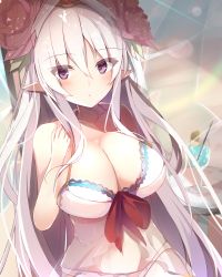 Rule 34 | 1girl, :o, absurdres, bikini, breasts, cleavage, collarbone, commentary request, drink, drinking straw, flower, glass, hair flower, hair ornament, hand up, highres, large breasts, long hair, minerva (princess connect!), misukon, pointy ears, princess connect!, purple eyes, solo, swimsuit, white bikini, white hair