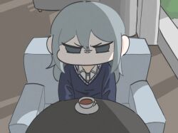 Rule 34 | 1girl, blue sweater, commentary, couch, cup, glaring, grey eyes, grey hair, immiscible discord (project sekai), indoors, on couch, project sekai, round table, saucer, sengang, shirt, sitting, solo, sweater, table, teacup, upper body, white shirt, yoisaki kanade