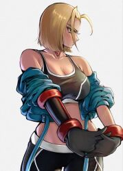 Rule 34 | 1girl, bare shoulders, blonde hair, blue eyes, breasts, cammy white, capcom, cleavage, crop top, gloves, highres, jacket, jacket partially removed, large breasts, pants, ponii, short hair, street fighter, street fighter 6, white background