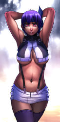 Rule 34 | 1girl, alternate costume, armpits, arms behind head, arms up, ayane (doa), breasts, breasts apart, cleavage, dead or alive, exmile, female focus, headband, highres, large breasts, lips, looking at viewer, microskirt, midriff, navel, parted lips, pink eyes, purple hair, shirt, short hair, skirt, solo, stomach, suspenders, tecmo, thighhighs, underboob, unzipped, white shirt, white skirt, zettai ryouiki, zipper