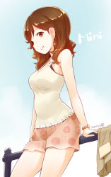 Rule 34 | 1girl, 2014, arm support, bare shoulders, brown eyes, brown hair, camisole, dated, futagawa mimi, jacket, unworn jacket, looking at viewer, mole, nagian, shorts, sitting, smile, solo, tokyo 7th sisters, watch