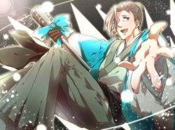 Rule 34 | 1boy, :d, ahoge, beckoning, black sash, blue bow, blue jacket, bow, brown hair, fate/grand order, fate (series), feet out of frame, green hakama, green kimono, hair over one eye, hair pulled back, hakama, hakama pants, haori, holding, holding microphone stand, honeycomb (pattern), honeycomb background, jacket, japanese clothes, kimono, looking at viewer, male focus, masaki (star8moon), microphone, microphone stand, open mouth, pants, purple eyes, sash, short hair, smile, teeth, upper teeth only, vintage microphone, yamanami keisuke (fate)