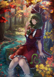 Rule 34 | 1girl, amano hagoromo, blunt bangs, bow, breasts, dress, finger to face, forest, frilled bow, frilled ribbon, frills, front ponytail, green eyes, green hair, hair ribbon, hand up, highres, kagiyama hina, large breasts, leaf, long hair, looking at viewer, nature, outdoors, puffy short sleeves, puffy sleeves, red bow, red dress, red ribbon, ribbon, short sleeves, sitting, soaking feet, solo, stream, touhou, tree
