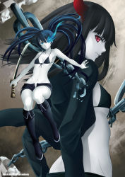 Rule 34 | 10s, 2girls, absurdres, black gold saw, black hair, black rock shooter, black rock shooter (character), blue eyes, blue hair, boots, butt crack, chain, coat, glowing, glowing eye, glowing eyes, highres, horns, katana, legs, long hair, multiple girls, oni-noboru, pale skin, red eyes, revision, scar, sword, twintails, uneven twintails, weapon