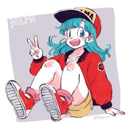 Rule 34 | 1girl, :d, bare legs, baseball cap, blue eyes, blue hair, blush stickers, bulma, character name, commentary, dragon ball, dragon ball (classic), english commentary, eyelashes, fingernails, floating hair, full body, happy, hat, highres, jacket, long hair, looking away, open mouth, purple background, red footwear, red jacket, shirt, shoes, shorts, simple background, sitting, smile, sneakers, socks, solo, tkgsize, twitter username, two-tone background, v, white background, white shirt, yellow shorts
