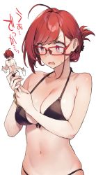 Rule 34 | 1girl, 92m, ahoge, bikini, black bikini, blush, breasts, bright pupils, cleavage, commentary, figure, folded hair, front-tie bikini top, front-tie top, glasses, hair up, halterneck, highres, holding, kinshi no ane (92m), large breasts, narrowed eyes, navel, o-ring, o-ring bikini, open mouth, original, purple eyes, red-framed eyewear, red hair, simple background, solo, string bikini, surprised, swept bangs, swimsuit, translated, upper body, white background