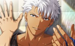 Rule 34 | 2boys, akujiki59, archer (fate), bathroom, blue hair, clothed bath, cu chulainn (fate), dark-skinned male, dark skin, fate/grand order, fate/stay night, fate (series), grey eyes, hand on wall, implied yaoi, kabedon, looking at viewer, male focus, multiple boys, open mouth, pov, short hair, shower (place), smile, tile wall, tiles, upper body, wet, white hair