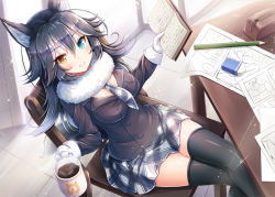 Rule 34 | 10s, 1girl, akashio (loli ace), animal ears, black hair, black necktie, black skirt, black thighhighs, blue eyes, book, breasts, chair, coffee, coffee cup, cup, disposable cup, eraser, fur collar, gloves, grey wolf (kemono friends), heterochromia, indoors, kemono friends, long hair, long sleeves, looking at viewer, medium breasts, miniskirt, multicolored hair, necktie, parted bangs, pencil, simple background, sitting, skirt, smile, solo, sparkle, table, tail, thighhighs, two-tone hair, white gloves, wolf ears, wolf tail, yellow eyes