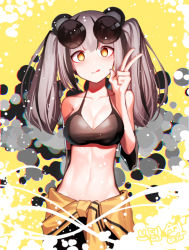 Rule 34 | 1girl, :q, absurdres, animal ears, arknights, beudelb, black hair, black pants, black sports bra, breasts, cleavage, clothes around waist, collarbone, cowboy shot, eyewear on head, feater (arknights), feater (dojo star) (arknights), grey hair, hand up, highres, jacket, jacket around waist, large breasts, long hair, looking at viewer, midriff, navel, official alternate costume, panda ears, panda girl, pants, simple background, solo, sports bra, sunglasses, tongue, tongue out, twintails, v, yellow background, yellow eyes, yellow jacket