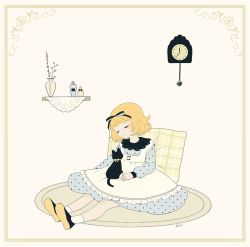 Rule 34 | 1girl, artist name, ayu (mog), blonde hair, carpet, cat, clock, dress, framed, hair ribbon, on floor, pillow, polka dot, polka dot dress, ribbon, sitting, sleeping, wall clock