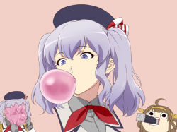 Rule 34 | 10s, 2girls, ahoge, beret, black eyes, black headwear, brown hair, blowing bubbles, chewing gum, chibi, epaulettes, female focus, frilled sleeves, frills, gloves, grey gloves, grey hair, hat, headgear, ishii hisao, kantai collection, kashima (kancolle), kerchief, kongou (kancolle), long hair, looking down, military, military uniform, multiple girls, multiple views, pink background, purple eyes, purple hair, rectangular mouth, short hair, simple background, twintails, uniform, upper body, wavy hair, you&#039;re doing it wrong