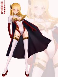 Rule 34 | 1girl, black cape, blonde hair, breasts, brown dust 2, cape, capelet, character name, cleavage, clenched hand, closed mouth, covered navel, czenithia, elbow gloves, elise (brown dust 2), full body, gloves, gluteal fold, gold trim, hair between eyes, high heels, highres, krita (medium), laurels, leotard, light blush, looking at viewer, medium breasts, medium hair, multiple views, pointy ears, red footwear, red leotard, simple background, smile, stiletto heels, superhero costume, thighhighs, two-tone leotard, white background, white capelet, white leotard, white thighhighs