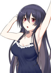 Rule 34 | armpits, bare shoulders, black hair, breasts, cleavage, exhausted, highres, lingerie, long hair, medium breasts, neptune (series), night gown, noire (neptunia), open mouth, pajamas, red eyes, stretching, teeth, tsundere, underwear, zatsu