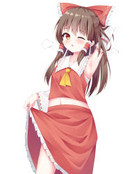Rule 34 | 1girl, absurdres, arm up, armpits, ascot, bandages, bare shoulders, blush, bow, brown hair, chest sarashi, detached sleeves, frilled bow, frilled vest, frills, hair bow, hair tubes, hakurei reimu, highres, holding, holding clothes, holding skirt, kianata, long hair, long sleeves, midriff, navel, nontraditional miko, one eye closed, open mouth, red bow, red eyes, red skirt, red vest, ribbon-trimmed sleeves, ribbon trim, sarashi, simple background, skirt, stomach, touhou, vest, white background, wide sleeves, yellow ascot