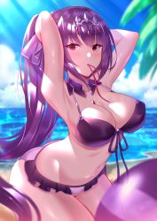 Rule 34 | 1girl, absurdres, adjusting hair, alternate costume, armpits, arms behind head, arms up, ass, ball, bare shoulders, beach, bikini, blush, breasts, cleavage, closed mouth, collarbone, commentary request, cowboy shot, curvy, fate/grand order, fate (series), frilled bikini, frills, front-tie top, groin, hair between eyes, hair tie, hair tie in mouth, heiyan shenshi, highres, holding, jewelry, large breasts, leaf, leaning forward, long hair, looking at viewer, mouth hold, navel, necklace, outdoors, palm tree, ponytail, purple ribbon, red eyes, ribbon, scathach (fate), scathach skadi (fate), see-through, skindentation, solo, standing, swimsuit, thighs, tiara, tree, tying hair, water