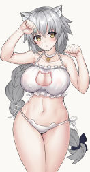 Rule 34 | 1girl, animal ear fluff, animal ears, arm up, bad id, bad pixiv id, bare arms, bare shoulders, bell, black ribbon, blush, bra, braid, breasts, brown eyes, cat ear panties, cat ears, cat lingerie, choker, cleavage, cleavage cutout, closed mouth, clothing cutout, collarbone, fate/grand order, fate (series), frilled bra, frills, grey hair, hair ribbon, hand up, highres, jeanne d&#039;arc (fate), jeanne d&#039;arc alter (avenger) (fate), jeanne d&#039;arc alter (fate), jingle bell, kemonomimi mode, large breasts, long hair, looking at viewer, mahou kyuuri, meme attire, navel, neck bell, panties, paw pose, ribbon, side-tie panties, simple background, single braid, solo, standing, stomach, underwear, very long hair, white background, white bra, white choker, white panties