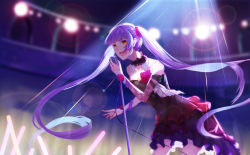 Rule 34 | 1girl, :d, absurdres, artist request, bare shoulders, black dress, blunt bangs, blurry, blurry background, breasts, brown eyes, character request, cleavage, detached collar, dress, floral print, flower, glowstick, highres, holding, holding microphone, indoors, leaning forward, lens flare, microphone, microphone stand, official art, open mouth, rastar, small breasts, smile, solo, spotlight, twintails