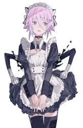 Rule 34 | 1other, absurdres, alternate costume, androgynous, animal ears, apron, averting eyes, bell, black choker, black dress, black thighhighs, bright pupils, cat ears, choker, cleavage cutout, clothing cutout, collared dress, commentary request, cowboy shot, crona (soul eater), cuff links, dress, embarrassed, enmaided, flat chest, garter straps, grey eyes, hair between eyes, highres, jingle bell, juliet sleeves, light blush, long sleeves, maid, maid apron, maid headdress, neck bell, open mouth, other focus, puffy sleeves, purple hair, ragnarok (demon sword), short hair, simple background, soul eater, thighhighs, v arms, white apron, white background, white pupils, yamasodachi55