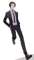 Rule 34 | 1boy, adachi tooru, belt, black hair, black jacket, black pants, brown belt, brown footwear, business suit, closed mouth, collared shirt, commentary request, formal, full body, grey eyes, hands in pockets, highres, jacket, long sleeves, looking at viewer, male focus, necktie, open clothes, open jacket, pants, persona, persona 4, red necktie, shirt, shoes, short hair, simple background, smile, solo, standing, suit, walking, white background, white shirt, yoshino saku
