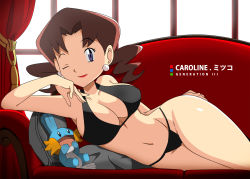 Rule 34 | 1girl, armpits, bikini, black bikini, blue eyes, breasts, brown hair, caroline (pokemon), character name, cleavage, couch, creatures (company), earrings, english text, female focus, game freak, gen 3 pokemon, highres, indoors, japanese text, jewelry, large breasts, long hair, lying, mature female, medium breasts, midriff, mudkip, navel, nintendo, on couch, on side, one eye closed, parted bangs, pokemon, pokemon (anime), pokemon (creature), red curtains, red lips, smile, swimsuit, twintails, vivivoovoo, wide hips, wink