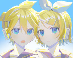 Rule 34 | 1boy, 1girl, :o, backlighting, blonde hair, blue background, blue eyes, bow, collared shirt, commentary, expressionless, hair bow, hair ornament, hairclip, headphones, highres, kagamine len, kagamine rin, looking at viewer, open mouth, portrait, sailor collar, shirt, short hair, short ponytail, side-by-side, signature, spiked hair, swept bangs, torino kawazu, vocaloid, white bow
