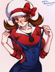 Rule 34 | 1girl, blue overalls, blush, bow, breasts, brown eyes, brown hair, closed mouth, collarbone, creatures (company), female focus, flipped hair, game freak, hat, hat bow, large breasts, looking away, lyra (pokemon), mina cream, nintendo, overalls, pokemon, pokemon hgss, red bow, red shirt, shirt, simple background, solo, upper body