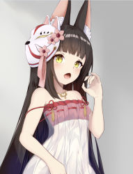 Rule 34 | 1girl, diamond mouth, animal ear fluff, animal ears, azur lane, bare shoulders, black hair, blunt bangs, blush, bra, breasts, camisole, collarbone, commentary request, fellatio gesture, fox ears, fox mask, grey background, hair ornament, long hair, looking at viewer, mask, mask on head, midriff, nagato (azur lane), nagato (great fox&#039;s respite) (azur lane), navel, open mouth, ponta (velmar), red bra, see-through, sidelocks, sitting, small breasts, solo, strap slip, underwear, upper body, very long hair, yellow eyes