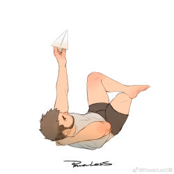 Rule 34 | 1boy, bara, barefoot, beard, brown hair, facial hair, full beard, full body, highres, holding paper airplane, lying, male focus, mature male, on back, original, outstretched arm, powerlesssong, profile, red nose, shirt, short hair, shorts, solo, t-shirt, thick eyebrows, white background