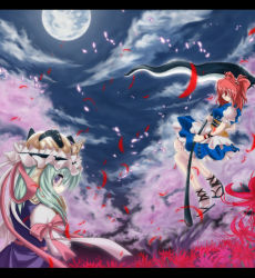 Rule 34 | 2girls, aqua hair, back, bow, cherry blossoms, cloud, female focus, flower, flying, glowing, glowing petals, hair bobbles, hair ornament, hair over eyes, hat, letterboxed, looking back, moon, multiple girls, night, onozuka komachi, petals, purple eyes, red hair, ribbon, rod of remorse, sandals, scythe, shiki eiki, shoes, short twintails, skirt, sky, socks, spider lily, touhou, twintails, two side up, wind, zouri