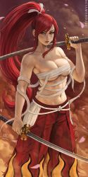 Rule 34 | 1girl, artist name, bandages, breasts, brown eyes, chest sarashi, cleavage, dual wielding, dust cloud, earrings, erza scarlet, fairy tail, falling petals, flame print, hair ribbon, highres, holding, holding sword, holding weapon, jewelry, katana, large breasts, long hair, looking at viewer, navel, over shoulder, pants, petals, ponytail, red hair, red pants, ribbon, sarashi, sciamano240, solo, sword, weapon, weapon over shoulder, white ribbon