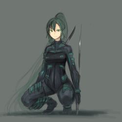 Rule 34 | 1girl, armor, bodysuit, breastplate, character request, dual wielding, expressionless, full body, ganesagi, green eyes, green hair, holding, legs apart, long hair, looking at viewer, matching hair/eyes, ponytail, reverse grip, short hair, simple background, solo, spread legs, squatting, sword, very long hair, weapon