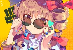 Rule 34 | 1girl, adjusting eyewear, adjusting glasses, bad id, bad pixiv id, bangle, blue nails, bow, bracelet, brown eyes, brown hair, closed mouth, coat, commentary, dress, drill hair, earrings, eyelashes, hair bow, hands up, high collar, jewelry, looking at viewer, looking over eyewear, looking over glasses, nail polish, open clothes, open coat, pendant, portrait, purple coat, red bow, revision, ribbon, ring, round eyewear, solo, sunglasses, tinted eyewear, to-den (v-rinmiku), touhou, twin drills, twintails, white dress, yellow background, yorigami jo&#039;on