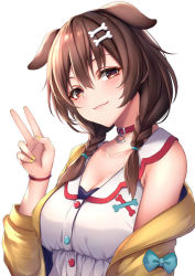Rule 34 | 1girl, animal ears, bare shoulders, bone hair ornament, braid, breasts, brown eyes, brown hair, cleavage, closed mouth, collar, collarbone, commentary request, dog ears, dress, fingernails, hair ornament, hair over shoulder, hand up, head tilt, hololive, inugami korone, inugami korone (1st costume), jacket, low twintails, medium breasts, nail polish, off shoulder, open clothes, open jacket, red collar, simple background, sleeveless, sleeveless dress, smile, solo, twin braids, twintails, upper body, v, virtual youtuber, white background, white dress, yellow jacket, yellow nails, ym (distance819)