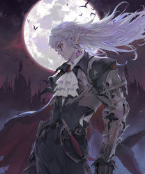 Rule 34 | 1boy, absurdres, armor, ascot, brooch, cape, castle, character request, closed mouth, floating hair, full moon, gauntlets, gran saga, highres, jewelry, long hair, moon, neck tattoo, night, pointy ears, shirt, silver hair, solo, sword, tattoo, weapon, yellow eyes, yeon bom