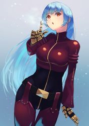 Rule 34 | 1girl, absurdres, bad id, bad twitter id, belt, blowing, blue hair, bodysuit, breasts, gloves, gradient background, hara kenshi, highres, kula diamond, long hair, looking at viewer, medium breasts, pointing, pointing up, purple eyes, simple background, skin tight, snk, snowing, solo, the king of fighters, zipper