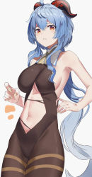Rule 34 | 1girl, absurdres, bare arms, bare shoulders, blue hair, bodystocking, breasts, clothing cutout, commentary, cowboy shot, ganyu (genshin impact), genshin impact, grey background, hair between eyes, highres, horns, jsscj, large breasts, leotard, long hair, looking at viewer, navel, orange eyes, pantyhose, parted lips, simple background, solo, standing, stomach, stomach cutout, thighs, torn clothes, torn leotard, very long hair