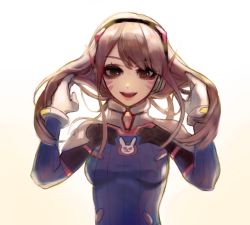 Rule 34 | 1girl, backlighting, blue bodysuit, bodysuit, breasts, brown eyes, brown hair, d.va (overwatch), facepaint, facial mark, gradient background, headphones, high collar, looking at viewer, mme12165, open mouth, overwatch, overwatch 1, pilot suit, ribbed bodysuit, shoulder pads, sketch, skin tight, small breasts, smile, solo, swept bangs, tan background, upper body, whisker markings, white background