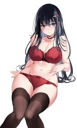 Rule 34 | 1girl, absurdres, arm support, bare shoulders, black hair, black thighhighs, blue eyes, bra, breasts, choker, cleavage, closed mouth, hair between eyes, hair ornament, hairclip, highres, large breasts, long hair, navel, original, panties, red bra, red panties, revision, sitting, smile, solo, stomach, thighhighs, underwear, zerocat
