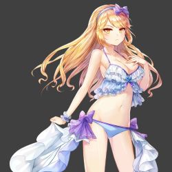 Rule 34 | 1girl, aisha (king&#039;s raid), armpits, bare arms, bare shoulders, bikini, blonde hair, blue bikini, bow, breasts, cleavage, closed mouth, cowboy shot, frilled bikini, frills, gluteal fold, groin, hair bow, hairband, halterneck, halterneck, hand up, king&#039;s raid, long hair, looking at viewer, medium breasts, navel, official art, side-tie bikini bottom, solo, standing, stomach, swimsuit, thighs, transparent background, wrist cuffs, yellow eyes