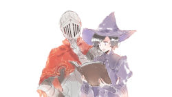 Rule 34 | 1boy, 1girl, alva (dark souls 2), armor, black hair, book, dark souls (series), dark souls ii, full armor, hat, helmet, holding, holding book, knight, long sleeves, maou skun, witch hat, zullie the witch