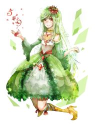 Rule 34 | 1girl, bare shoulders, boots, creatures (company), crown, dress, frills, full body, game freak, gen 5 pokemon, green dress, green hair, high heel boots, high heels, jewelry, lilligant, long hair, looking at viewer, nameko12, necklace, nintendo, personification, pokedex number, pokemon, red eyes, see-through, shoes, simple background, smile, solo, veil, wide sleeves, yellow footwear