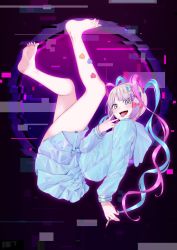 Rule 34 | 1girl, ame-chan (needy girl overdose), barefoot, blue bow, blue eyes, blue hair, bow, chouzetsusaikawa tenshi-chan, drill hair, drugs, floating, glitch, hair bow, happy, heart, highres, holographic clothing, legs up, looking at viewer, lsd, marijuana, multicolored eyes, multicolored hair, nail polish, needy girl overdose, open mouth, pink bow, pink eyes, pink hair, purple bow, smile, solo, sticker, teeth, thighs, toes, tongue, tongue out, twintails, upper teeth only, v, white hair, zephda