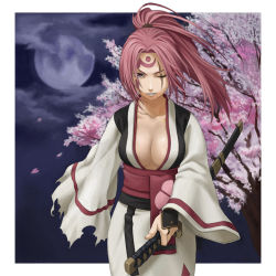 Rule 34 | 1girl, arc system works, baiken, breasts, cherry blossoms, cleavage, guilty gear, japanese clothes, katana, kimono, large breasts, moon, night, obi, open clothes, open kimono, petals, pink eyes, pink hair, ponytail, samurai, sash, scar, scowl, sheath, solo, sword, tattoo, weapon, wince, yoshihara yochiko