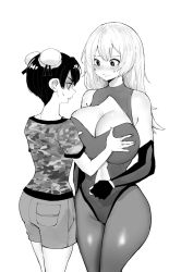 Rule 34 | 2girls, bare shoulders, blush, breast awe, grabbing another&#039;s breast, breasts, bun cover, camouflage, camouflage shirt, character request, cleavage, clothing cutout, commission, curvy, double bun, fingerless gloves, gloves, grabbing, greyscale, hair bun, highres, large breasts, legs together, leotard, long hair, monochrome, multiple girls, navel cutout, nena caproni, norman maggot, original, pantyhose, rival hearts!, shirt, short hair, shorts, standing, sweatdrop, t-shirt